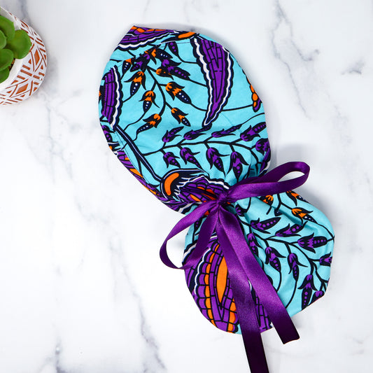 Purple Leaves Ponytail Scrub Cap - NDINI ACCESSORIES