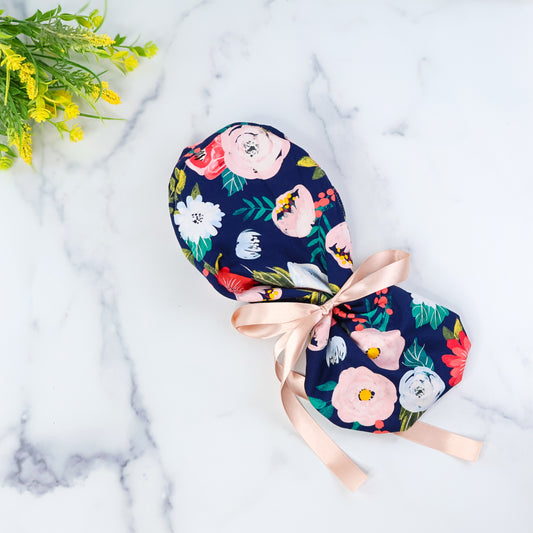 Pink Flowers Ponytail Scrub Cap - NDINI ACCESSORIES