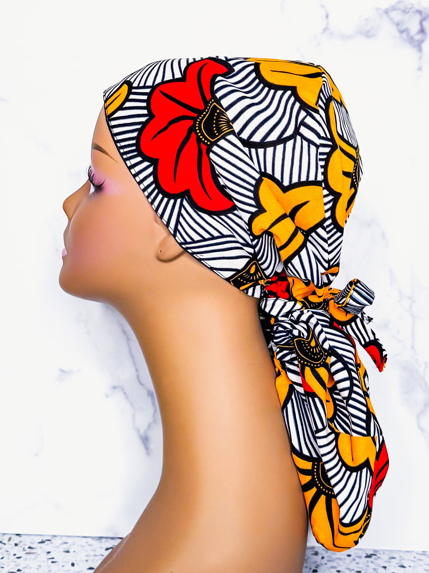 Red Hibiscus Ponytail Scrub Cap - NDINI ACCESSORIES