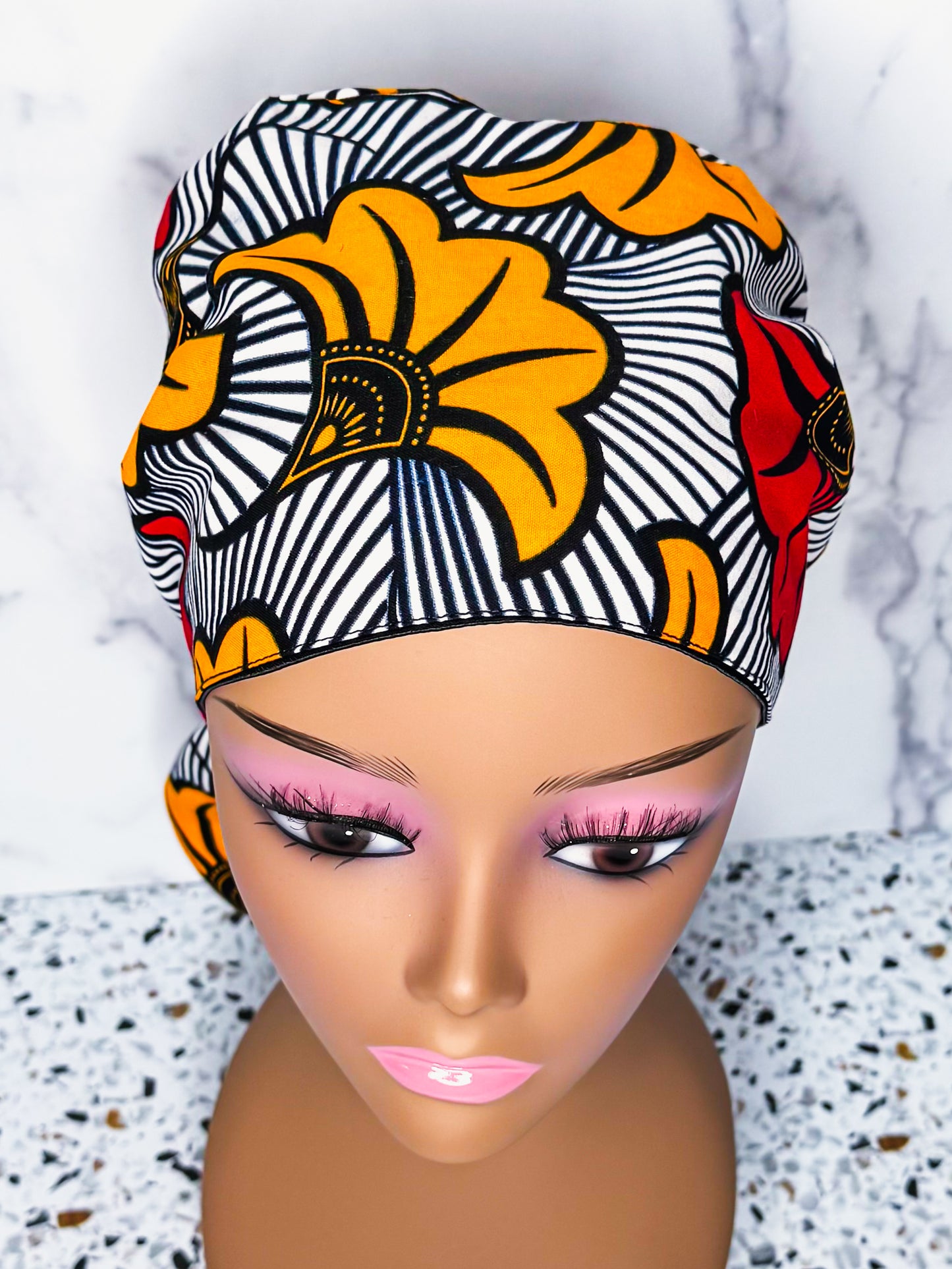 Red Hibiscus Ponytail Scrub Cap - NDINI ACCESSORIES