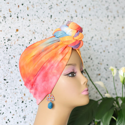 Tie Dye Pretied Headwrap - Orange Blue - NDINI ACCESSORIES