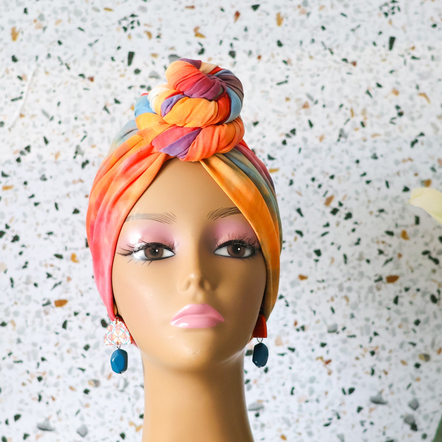 Tie Dye Pretied Headwrap - Orange Blue - NDINI ACCESSORIES