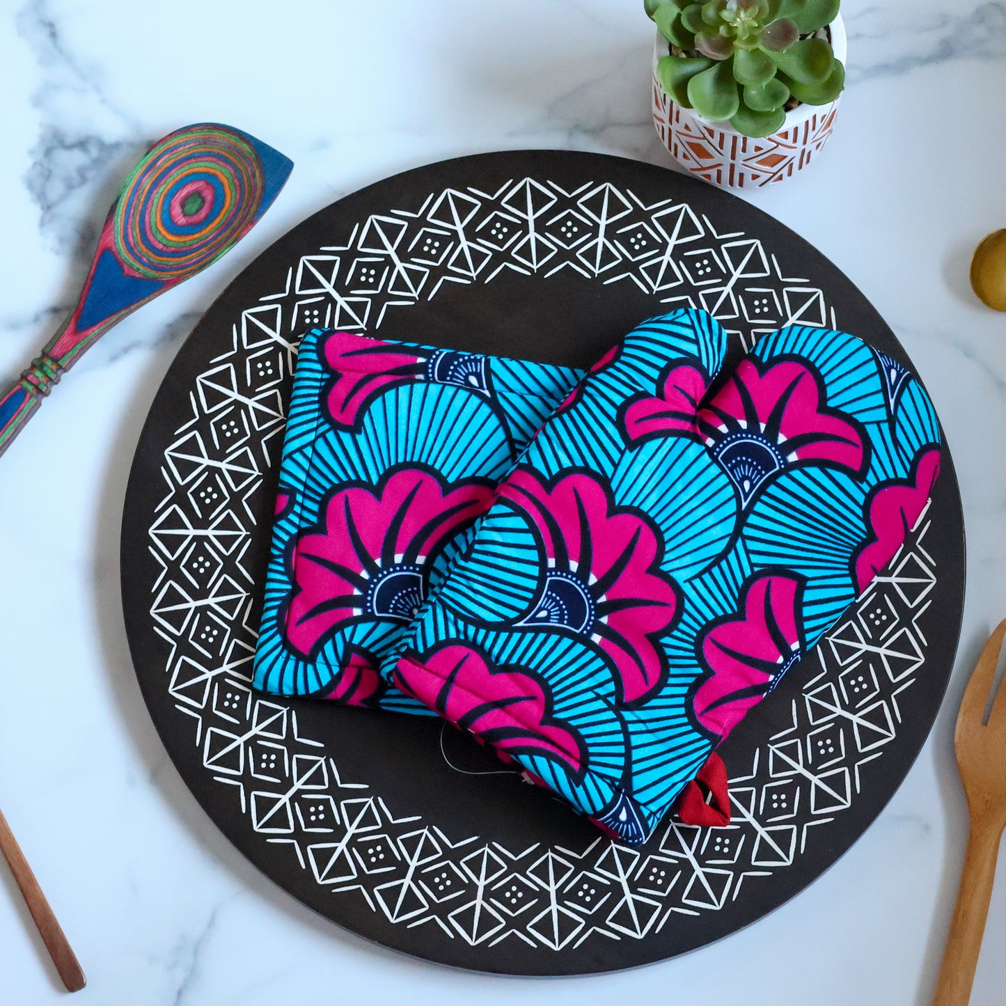 Pink Hibiscus Oven Mitts and Pot Holder