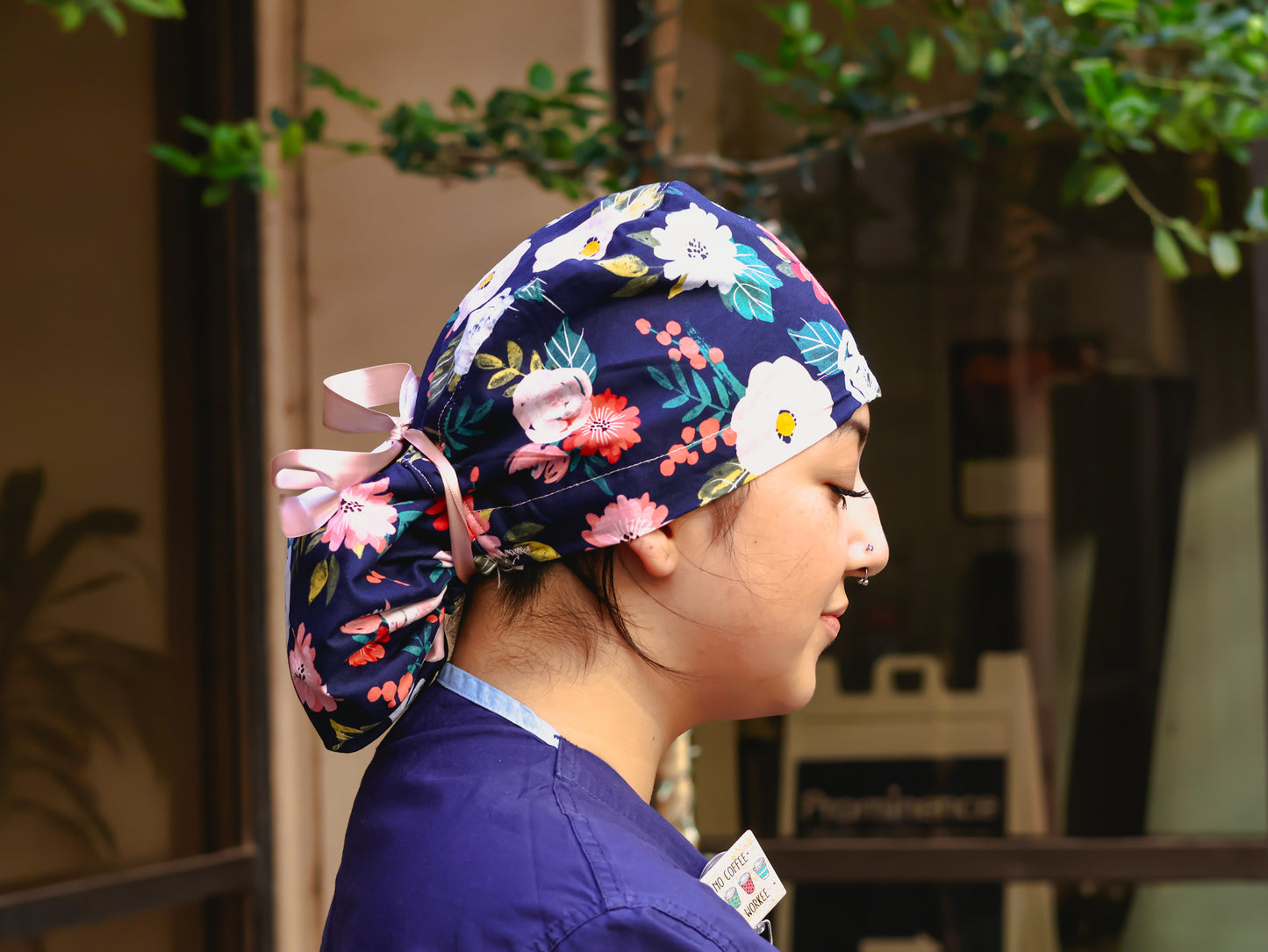Pink Flowers Ponytail Scrub Cap - NDINI ACCESSORIES