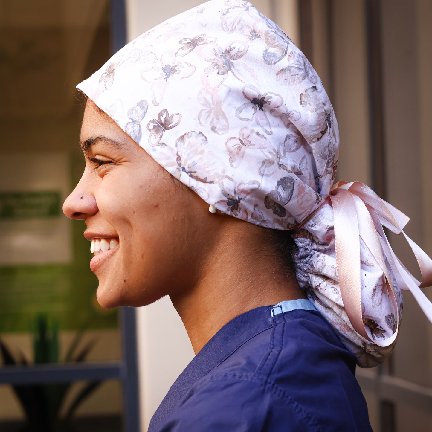 White Butterflies Ponytail Scrub Cap - NDINI ACCESSORIES