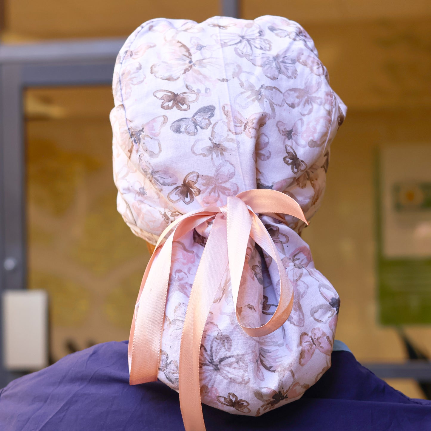 White Butterflies Ponytail Scrub Cap - NDINI ACCESSORIES