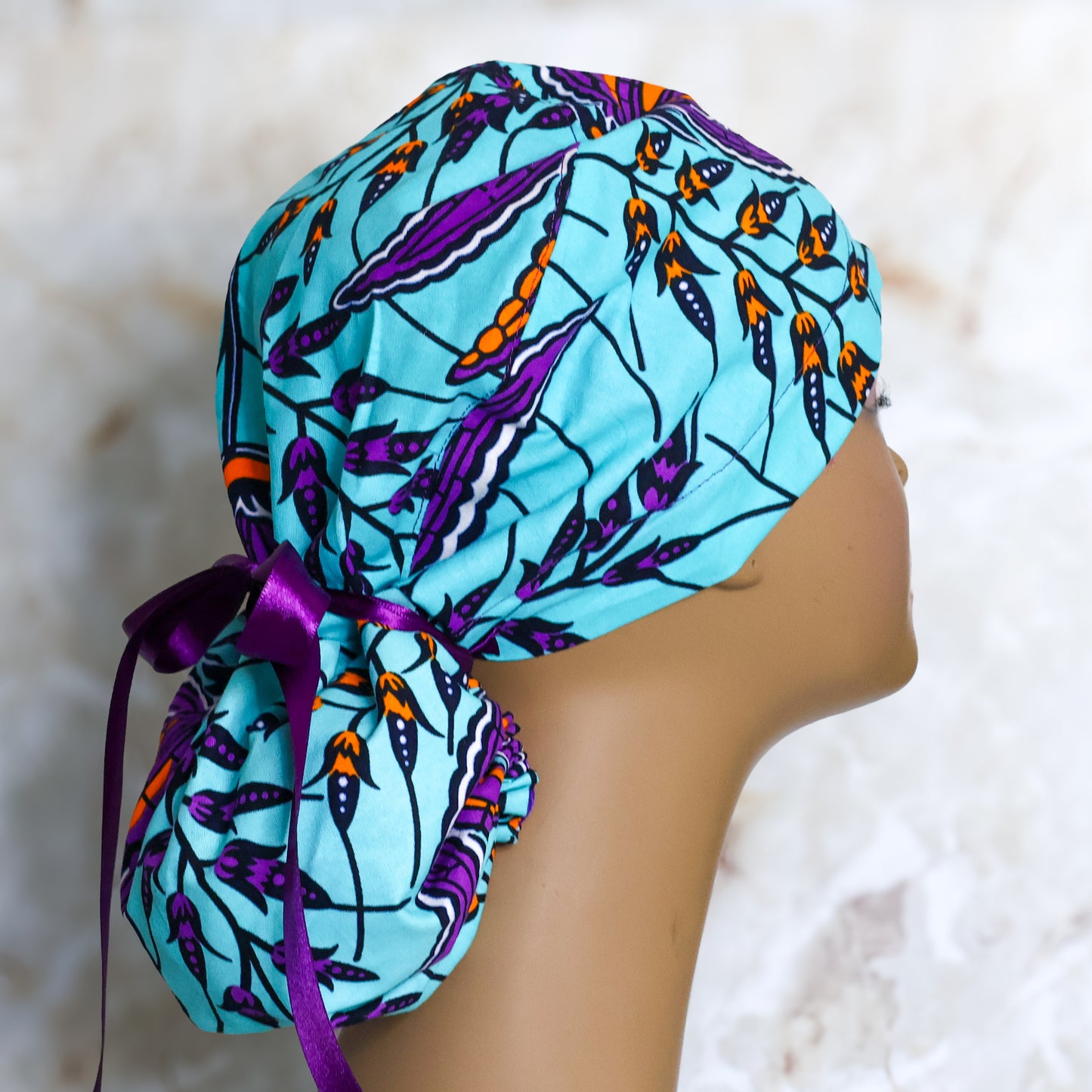 Purple Leaves Ponytail Scrub Cap