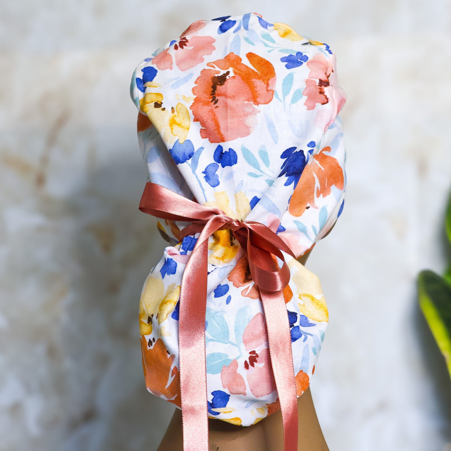White Floral Ponytail Scrub Cap - NDINI ACCESSORIES