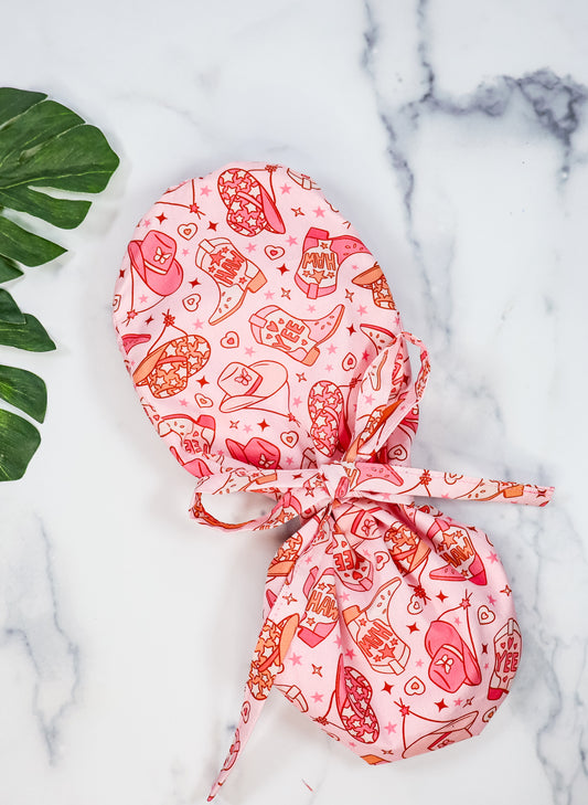 Pink Cowgirl Ponytail Scrub Cap - NDINI ACCESSORIES