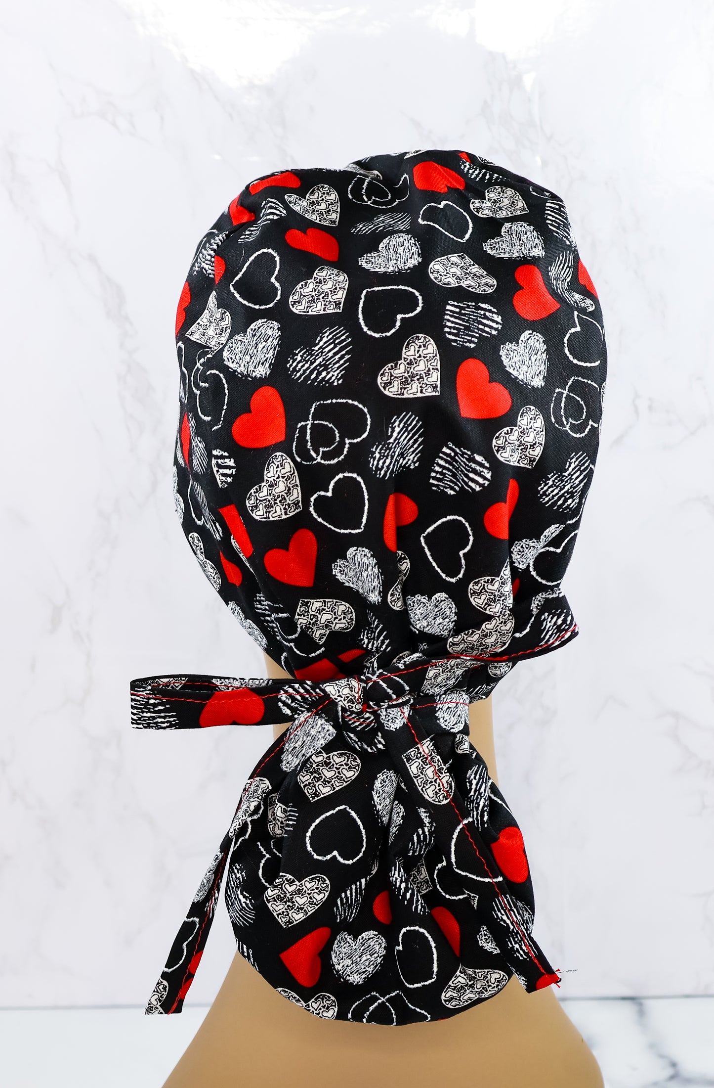 Red and White Hearts Ponytail Scrub Cap - NDINI ACCESSORIES