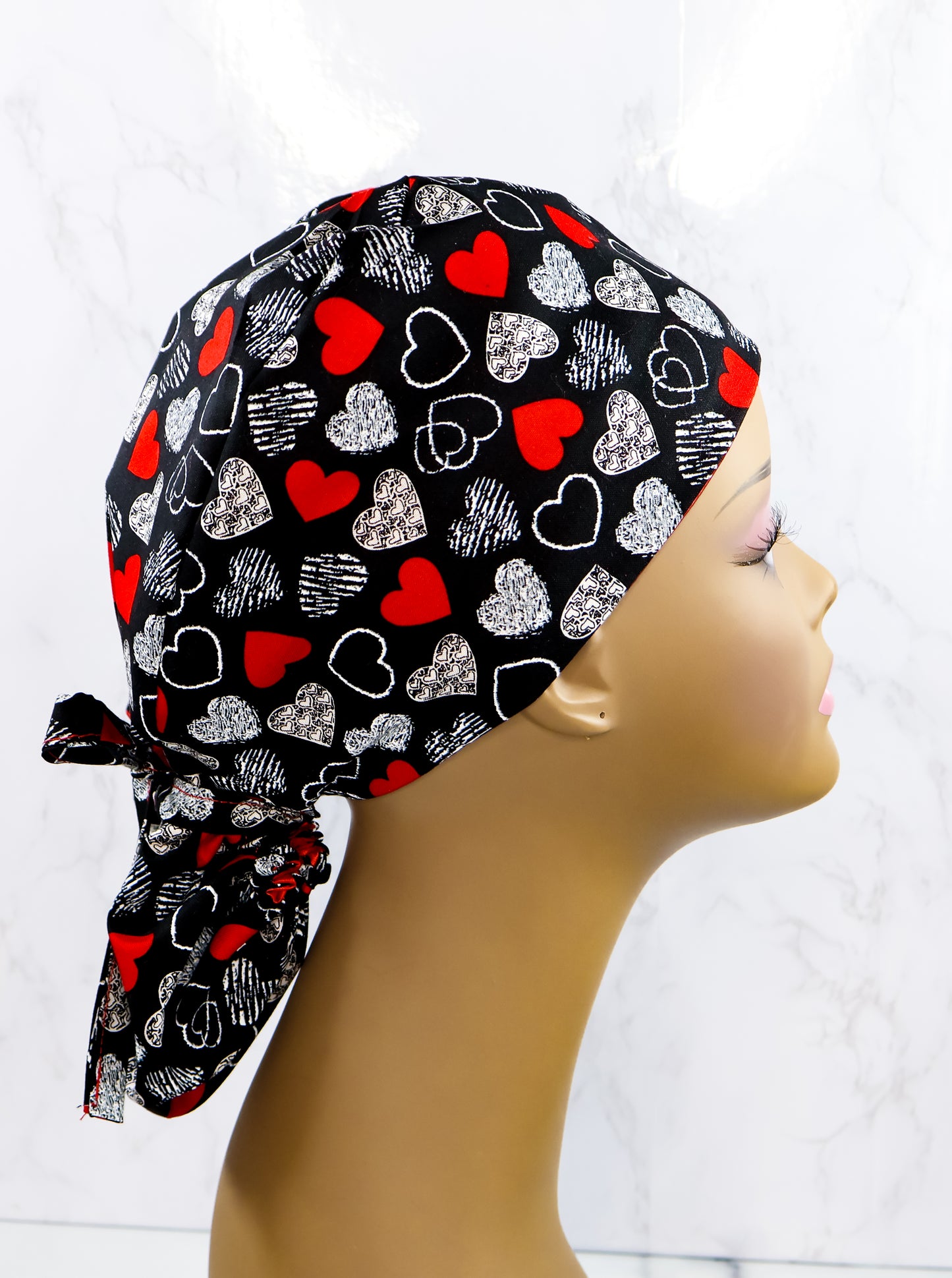 Red and White Hearts Ponytail Scrub Cap - NDINI ACCESSORIES