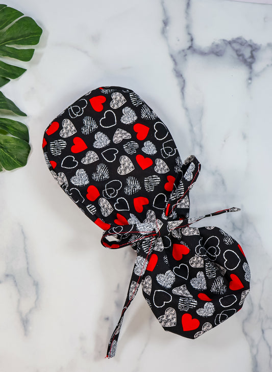 Red and White Hearts Ponytail Scrub Cap - NDINI ACCESSORIES