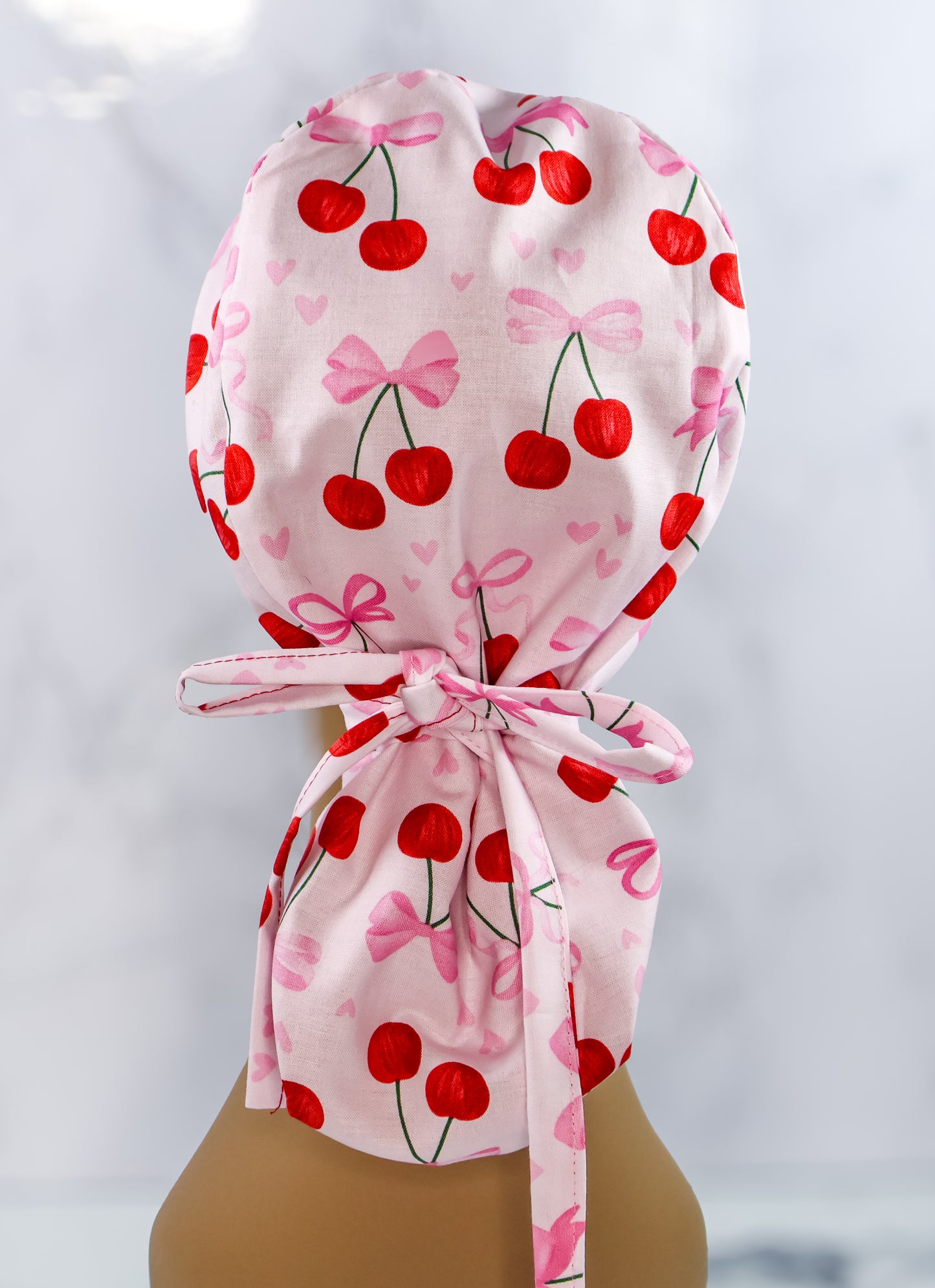 Cherry Hearts Ponytail Scrub Cap - NDINI ACCESSORIES