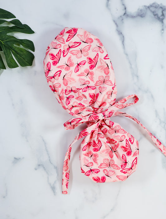 Pink Butterflies Ponytail Scrub Cap - NDINI ACCESSORIES