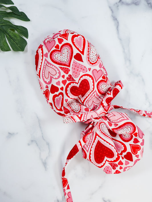 Hearts Patchwork - White Ponytail Scrub Cap - NDINI ACCESSORIES