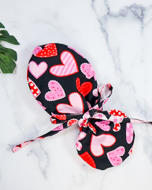 Hearts Patchwork - Black Ponytail Scrub Cap - NDINI ACCESSORIES