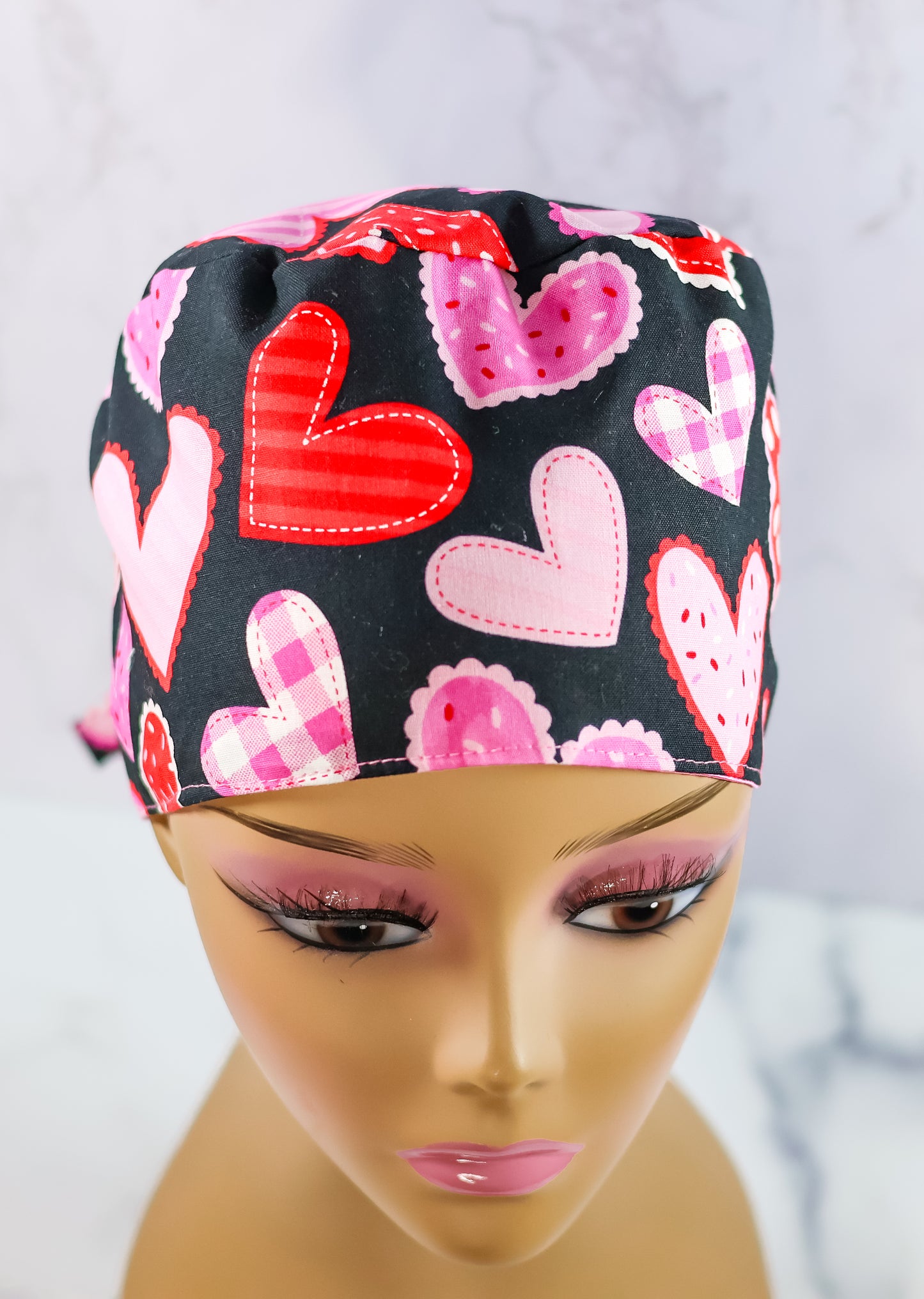 Hearts Patchwork - Black Ponytail Scrub Cap - NDINI ACCESSORIES