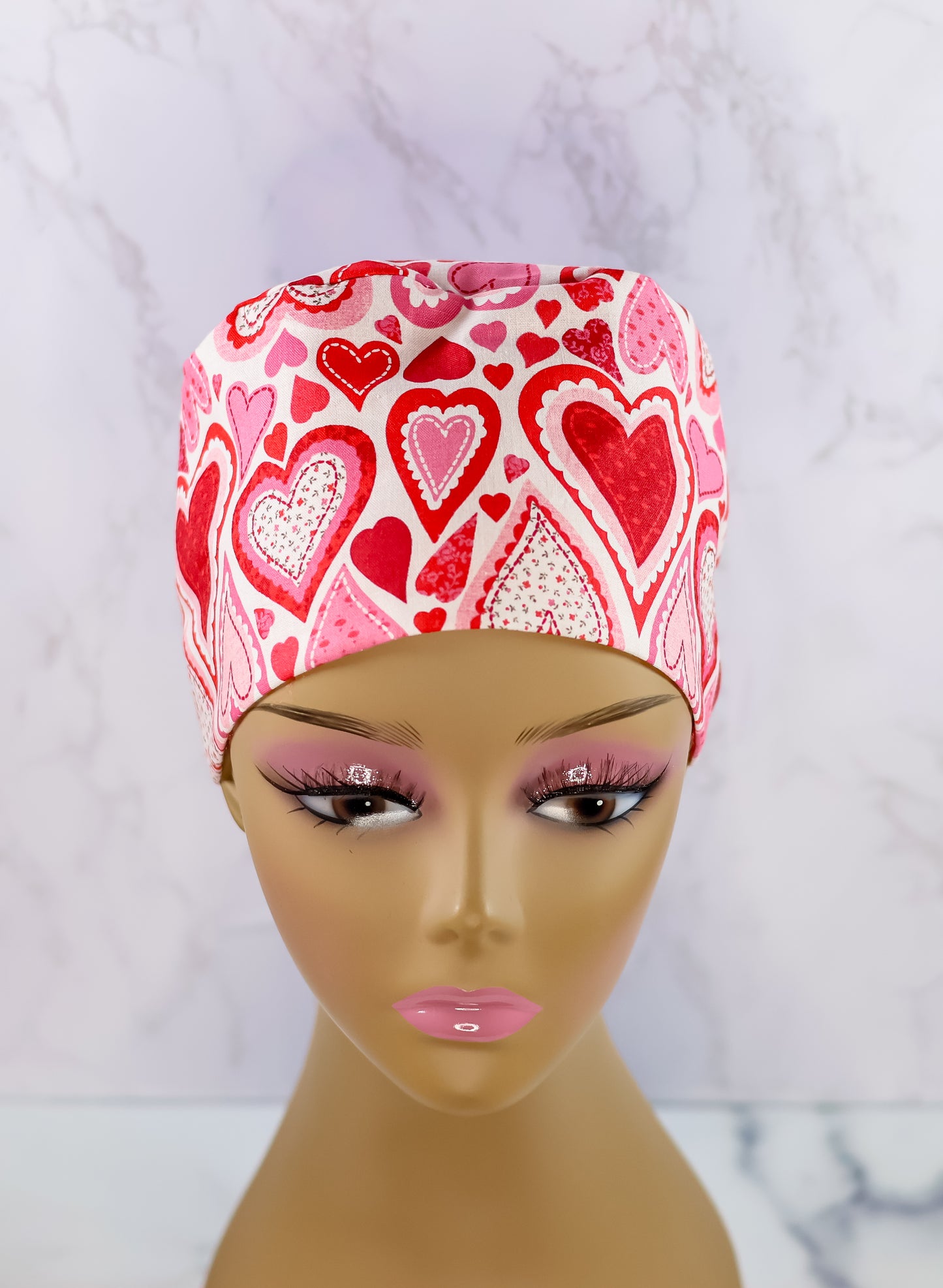 Hearts Patchwork - White Ponytail Scrub Cap - NDINI ACCESSORIES