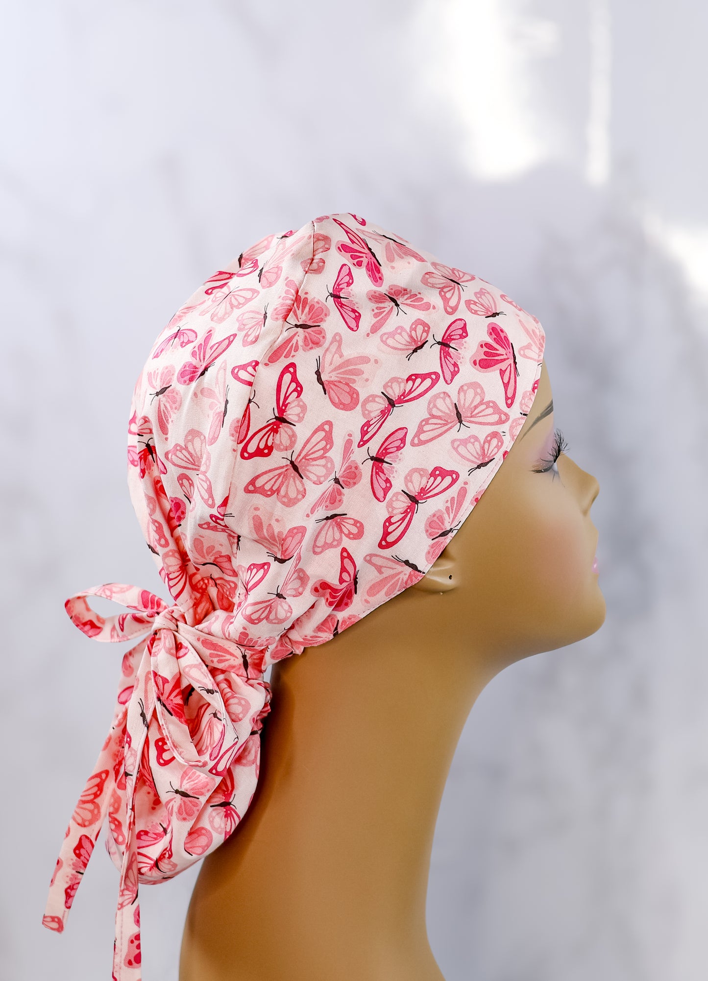 Pink Butterflies Ponytail Scrub Cap - NDINI ACCESSORIES