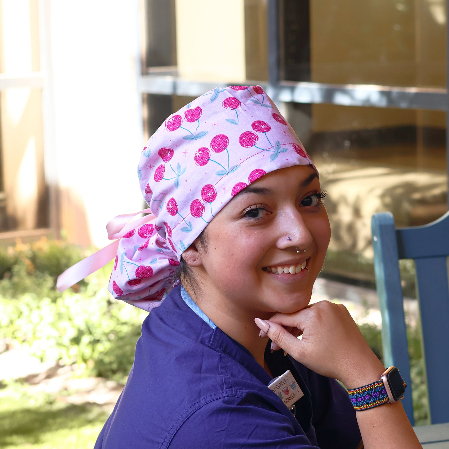 Cherry Disco Ball Ponytail Scrub cap