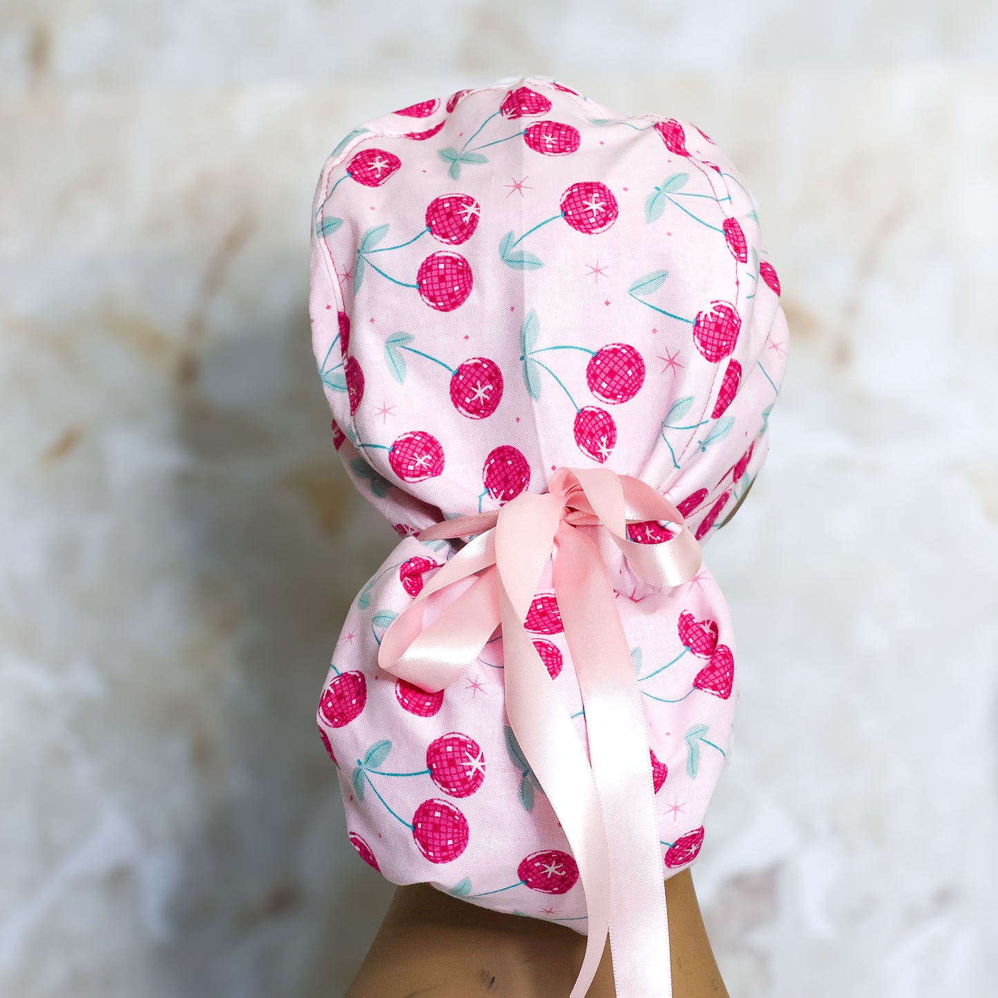 Cherry Disco Ball Ponytail Scrub cap