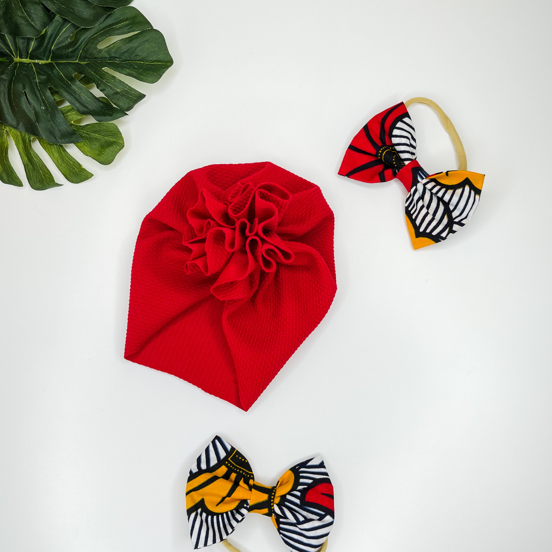 Red Baby Ruflle Turban + One Hair Bow - NDINI ACCESSORIES