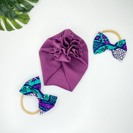 Purple Bay Ruffle Turban + One Hair Bow - NDINI ACCESSORIES